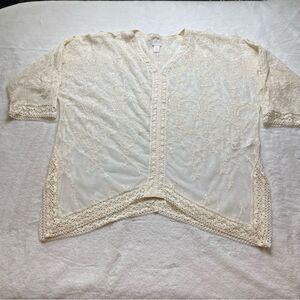 Chico's Cream/Beige Crochet and Mesh Semi Sheer Tunic Length Top Size 3